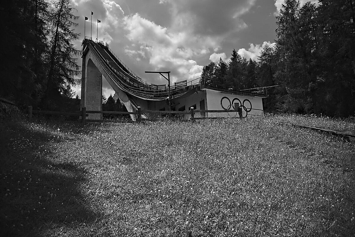 An abandoned Olympic ski jump hill near Cortina in the Dolomites in Italy.