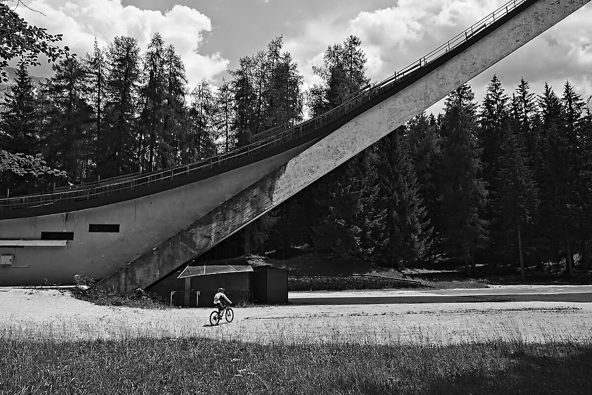 Detail of an abandoned Olympic ski jump hill near Cortina in the Dolomites in Italy.