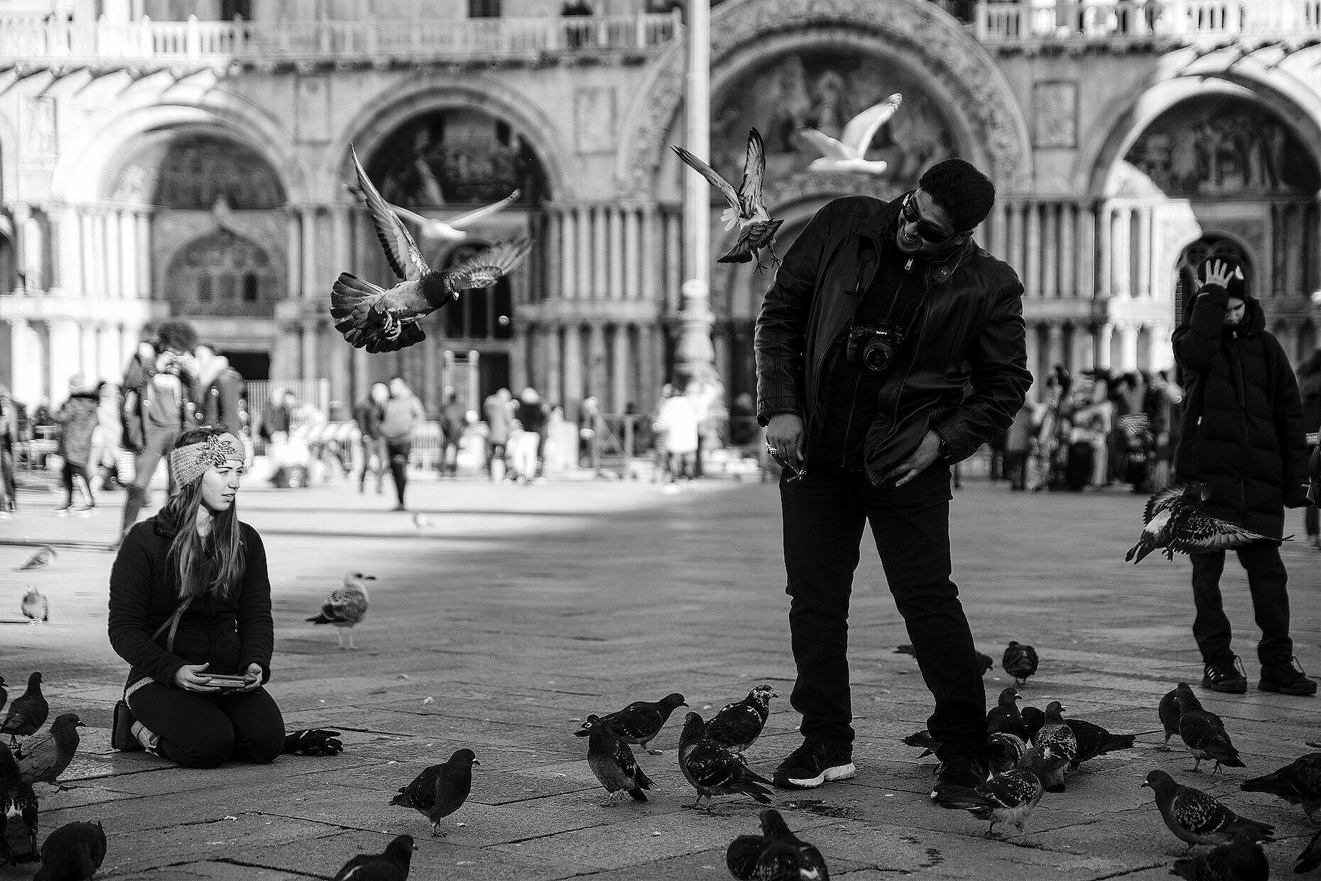 Man evading flying doves in St. Mark's square