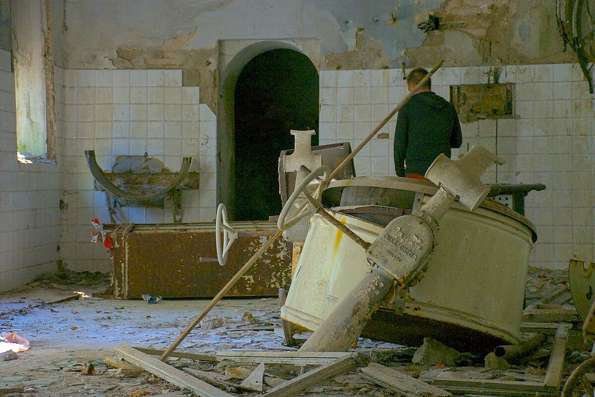 The vandalised central kitchen of the abandoned hospital on Poveglia